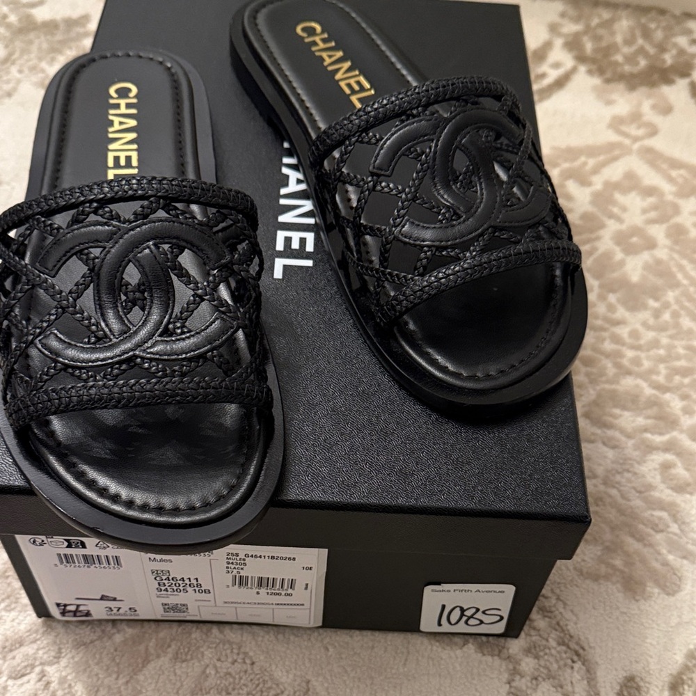 CHANEL Black Woven Slide Sandals